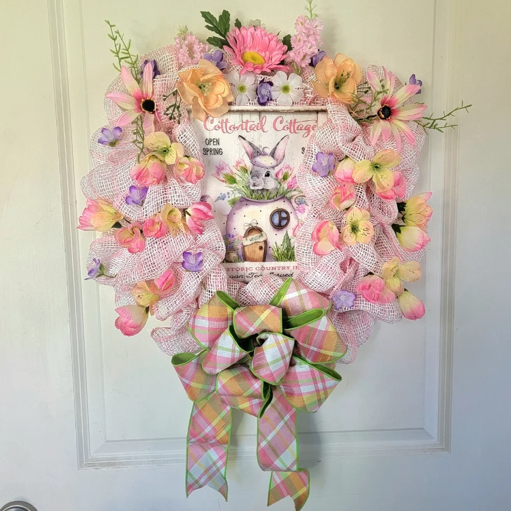 Easter Cottontail Inn Sign Bunny in a Teapot Deco Mesh Bow Floral Rabbit - Picture 8 of 8